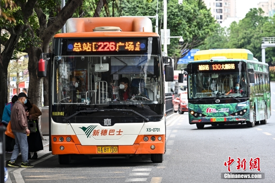 12月1日，廣東省廣州市海珠區(qū)，公交車有序進站。中新社記者 陳驥旻 攝 